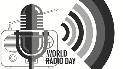 Vintage Microphone and Retro Radio with World Radio Day Text and Sound Waves in Grayscale on Bright Studio Background