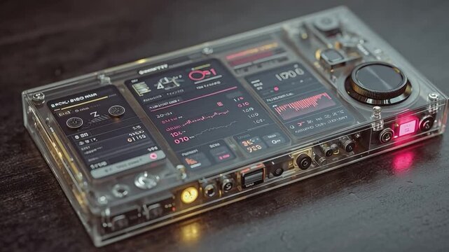 Futuristic Control Panel: A state-of-the-art technological device, a clear transparent casing reveals intricate circuitry, advanced interfaces.