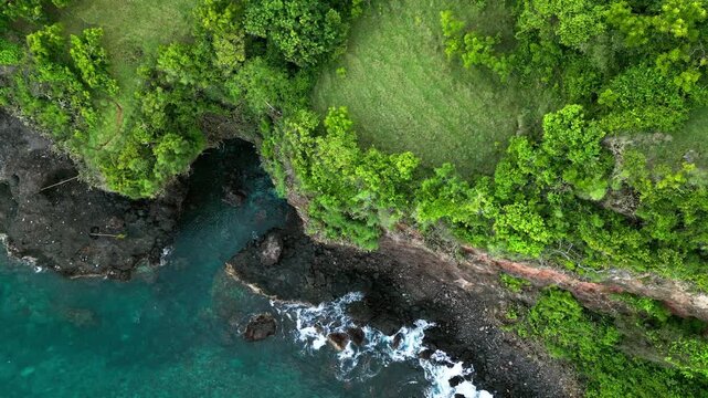 Aerial video reveals emerald coastal waters bordering jagged volcanic rock and dense tropical vegetation, creating a striking natural shoreline scene shaped by erosion, forest growth and clear sea.