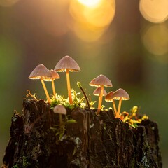 Cluster of small mushrooms on a mossy tree stump bathed in warm, golden, bokeh-filled sunlight