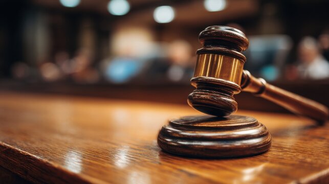 Wooden judge's gavel on sound block in a blurred courtroom background, legal justice and authority concept.