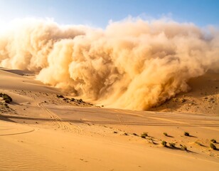 Massive dust storm engulfs desert dunes under a clear blue sky