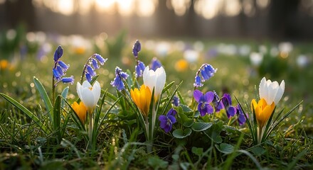 Wild Spring Flowers Blooming In Meadow Sunrise Crocus Bluebell Colorful Floral Grass Field