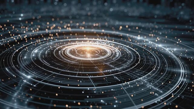 Celestial Dynamics: A breathtaking digital art piece depicting concentric circles and luminous particles, symbolizing the cosmos.