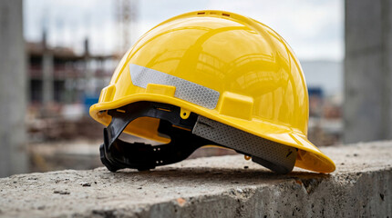Yellow construction helmet resting on concrete at building site  