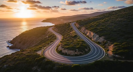 Winding Coastal Road at Sunset in Sardinia: Scenic Drive Along the Sea