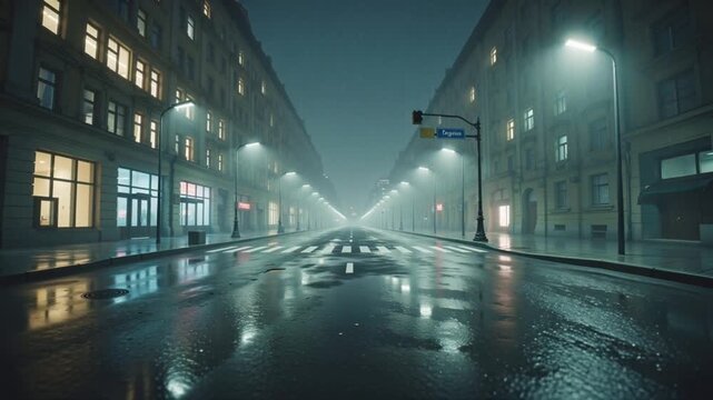 Cinematic empty city street night after rain, wet asphalt reflecting vibrant neon lights, thick drifting smoke fog, powerful searchlight beam slowly sweeping darkness, volumetric light rays, 4k