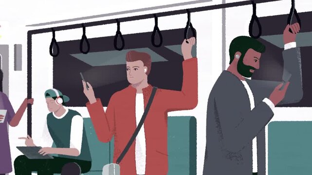 People Standing Inside Public Transport Holding Handrails, Daily Commuting City Life 