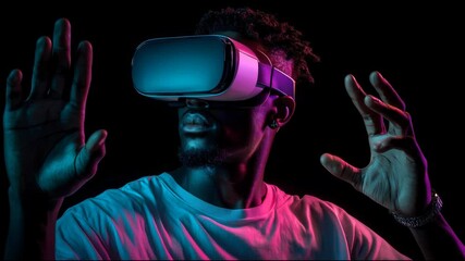 African American man interacting with virtual reality headset, exploring metaverse and digital interface - Powered by Adobe