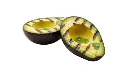 Two halved avocados with green flesh and brown skin isolated on transparent background