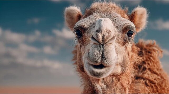 Close up camel face with open mouth and expressive eye looking at camera against cloudy sky