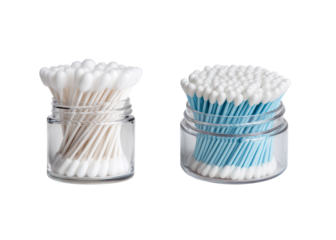 A minimalist, top-down product shot of hygienic cotton swabs arranged neatly inside a transparent plastic box, perfectly isolated set on a high-quality PNG with a transparent background