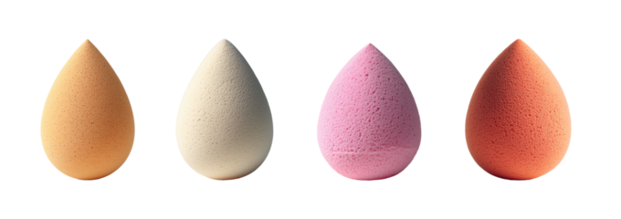 A professional beauty blender sponge with a classic teardrop shape, captured in a pristine, unused state on a high-quality PNG with a transparent background. The image highlights its soft, porous text