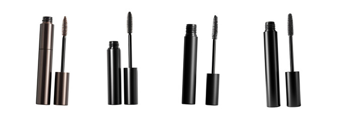A classic black mascara tube with its spiral wand elegantly separated and placed beside it,...