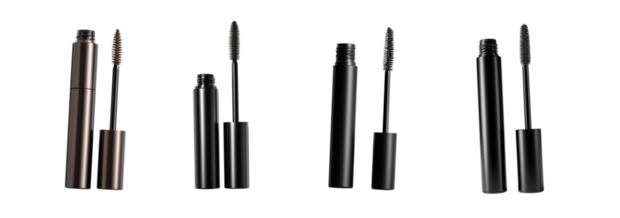 A classic black mascara tube with its spiral wand elegantly separated and placed beside it, showcasing the product's key applicator. Isolated set on high-quality PNG with a transparent background, sim
