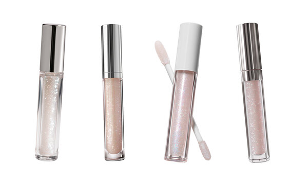 A sleek, modern tube of clear lip gloss with a shiny applicator, perfectly isolated set on a high-quality PNG with a transparent background. The photo emphasizes the transparent packaging and glossy p