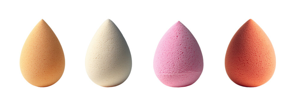 A professional beauty blender sponge with a classic teardrop shape, captured in a pristine, unused state on a high-quality PNG with a transparent background. The image highlights its soft, porous text