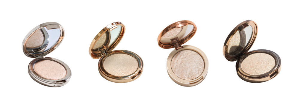 An elegant open makeup compact revealing a smooth, pristine pan of champagne-toned highlighter. Perfectly isolated set on a high-quality PNG with a transparent background, this image highlights the lu