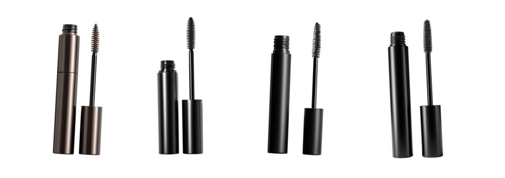 A classic black mascara tube with its spiral wand elegantly separated and placed beside it, showcasing the product's key applicator. Isolated set on high-quality PNG with a transparent background, sim