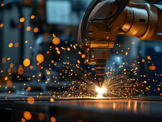 Robotic welding of metal in the automotive industry, an industrial robotic manipulator welds metal in a factory, generative ai