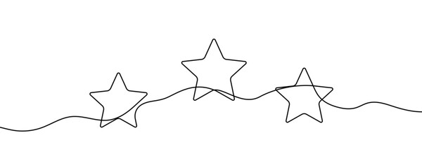 Three five-pointed stars arranged horizontally in a row, possibly symbolizing rating or quality. Drawing in one line art style with editable black stroke. Vector illustration.