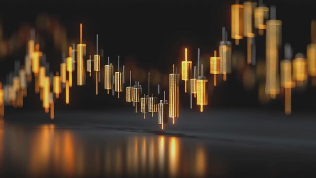 Dynamic Stock Data: Captivating visualization of stock market data with golden candlesticks against a dark backdrop, symbolizing the volatile nature of finance.