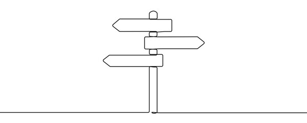 Road sign or post with three horizontal arrow boards. Symbol of direction, path choice or information in one line art style with editable black stroke. Vector illustration.