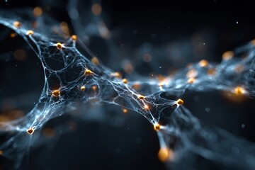 Neural network deep learning visualization with glowing interconnected nodes, abstract digital web structure, futuristic technology, artificial intelligence, and science concept