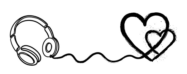 Linear outline of headphones connected by a wavy cord to two intertwined hearts in a grunge style. Pictogram of love for music. Vector illustration.