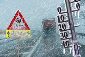Symbolbild f&uuml;r Schneefall und Eisgl&auml;tte als Verkehrsbehinderung mit Unfallgefahr - FOTOMONTAGE