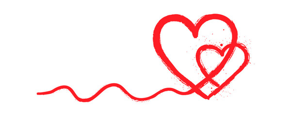 Red outline of two intertwined hearts in a grunge style. Hearts are connected by a wavy line, creating a symbol of love and passion. Vector illustration.