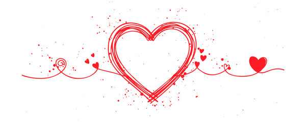 Central red outline heart, drawn in a sketch style with a grunge effect. It is connected by wavy lines to smaller red hearts and a spiral. Symbol of love.