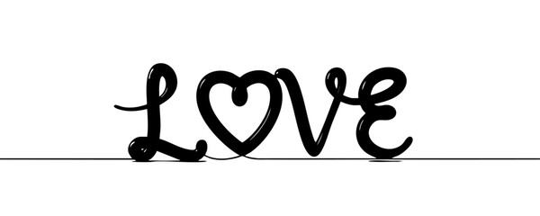 The word "LOVE" written in a continuous bold black line. The letter "O" is stylized in the shape of a heart. Script, handwritten typography. Vector symbol of love.