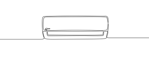 Rectangular wall-mounted air conditioner or split system. Temperature or climate control symbol in one line art style with editable black stroke. Vector illustration.