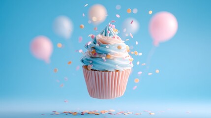 Floating Cupcake with Blue and Pink Frosting, Confetti, and Balloons on a Light Blue Background