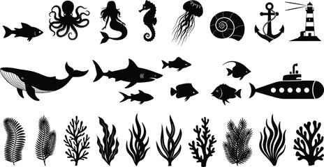 Sea Life and Nautical Silhouette Collection, Whale Shark Mermaid Octopus and Ocean Plants Set, Marine Design © mstHasina