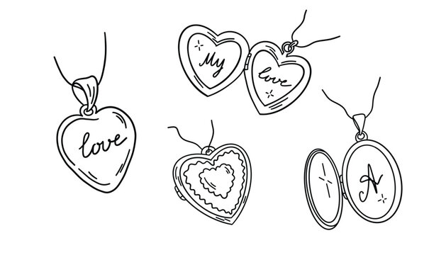 Open and closed locket pendants doodle vector set. Perfect for jewelry design, romantic and vintage concepts, wedding and Valentine&rsquo;s Day projects, stickers, invitations, greeting cards, packaging, br
