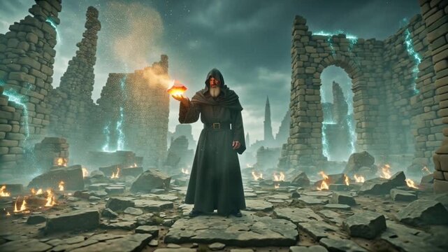 Angry dark sorcerer close-up holding glowing cursed magic gem, eyes burning rage, black violet energy spiraling gem, ghostly evil spirit shadows swirling air, ancient runes floating, cinematic low-key