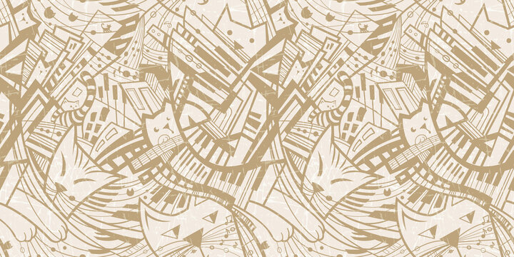 Print Seamless abstract pattern with a musical-themed design of keys, strings, and cats for textiles and design. High quality photo