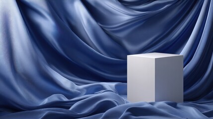White cube on silky blue fabric background