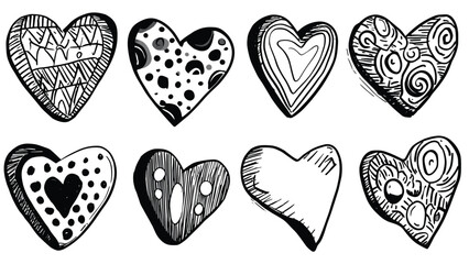 Hand Drawn Doodle Heart Set with Abstract Patterns in Black and White
