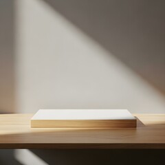 Empty White Podium and Wooden Table Surface with Natural Window Shadow for Minimalist Product Presentation Mockups