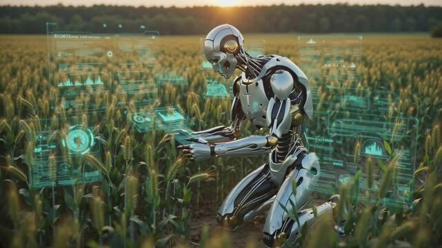 Cinematic fantasy cyborg farmer working lush agricultural field golden sunset, humanoid android organic-metal body glowing circuits, kneeling analyzing crops, holographic farming data projections