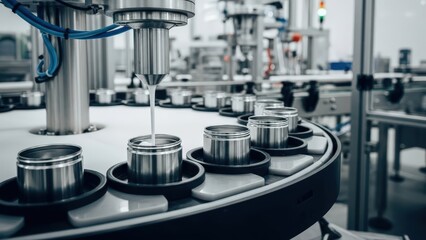 Modern plant's high-speed production line efficiently fills cosmetic containers, showcasing automated beauty and healthcare product manufacturing