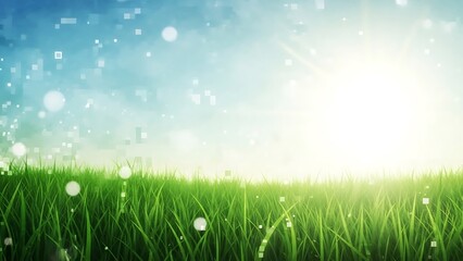 Obraz premium Serene landscape of green grass and blue sky with sunlight