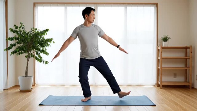 Focused man practicing balance exercise on yoga mat at home for wellness and mindfulness