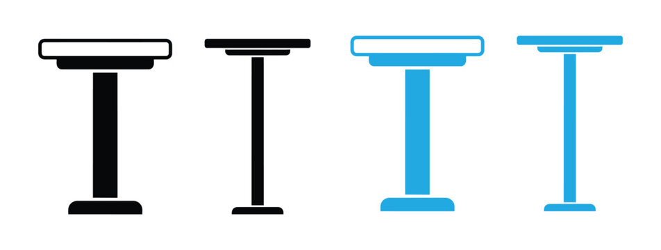 High table or bar table icon set showing different design styles on a white background. Modern lectern podium icons.