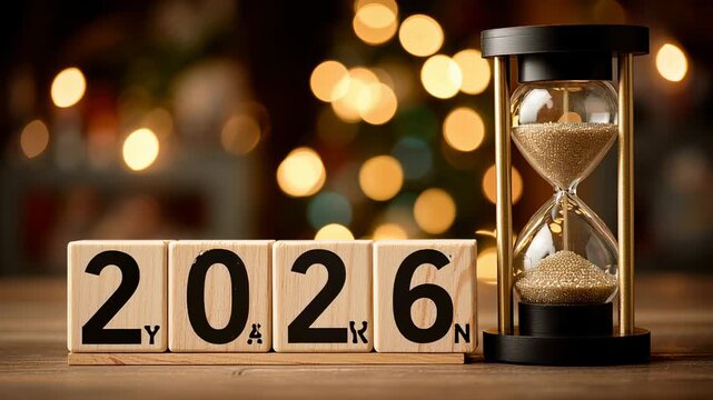 Wooden block with the number twenty-six on it is placed on a table next to a sand timer
