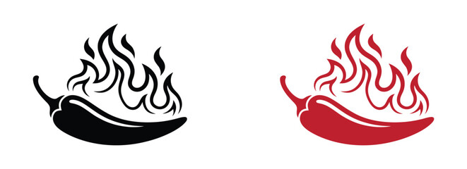 Spicy chili pepper flames icon set. Red chili pepper in hot fire, cartoon burning pod. Whole fresh pepper in flame label, cartoon spicy vegetarian food ingredient. 