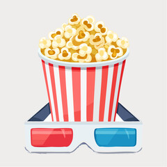 A bucket of popcorn sits above 3D glasses, ready for a movie night experience